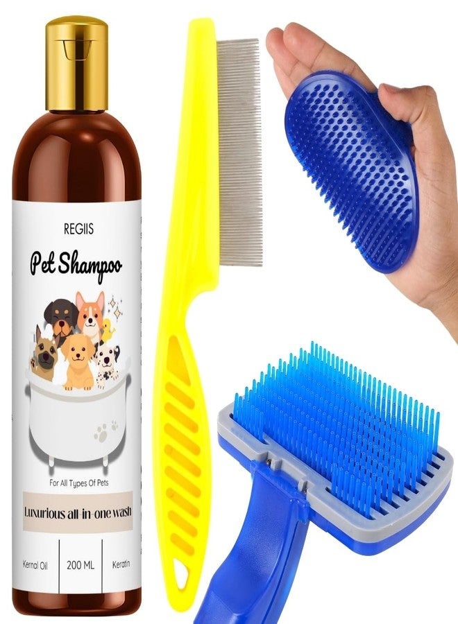 REGIIS Regis Pet Grooming Kit, Dog Shampoo with Kernal Oil and Keratin, 200 ML, Blue Self-Cleaning Brush, Yellow Flea Comb, 4-Piece Set for All Types of Pets - Image 1